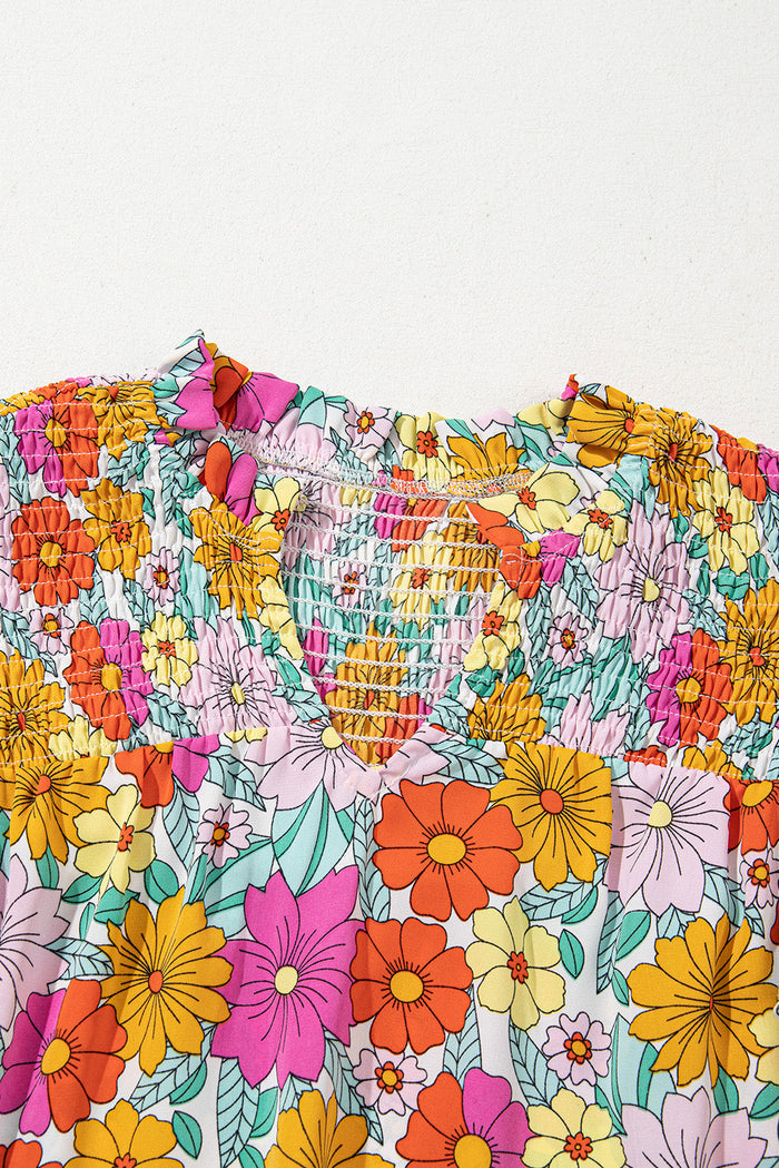 Yellow Floral Print Shirred Tiered Ruffled Sleeve Blouse - Tops/Blouses & Shirts