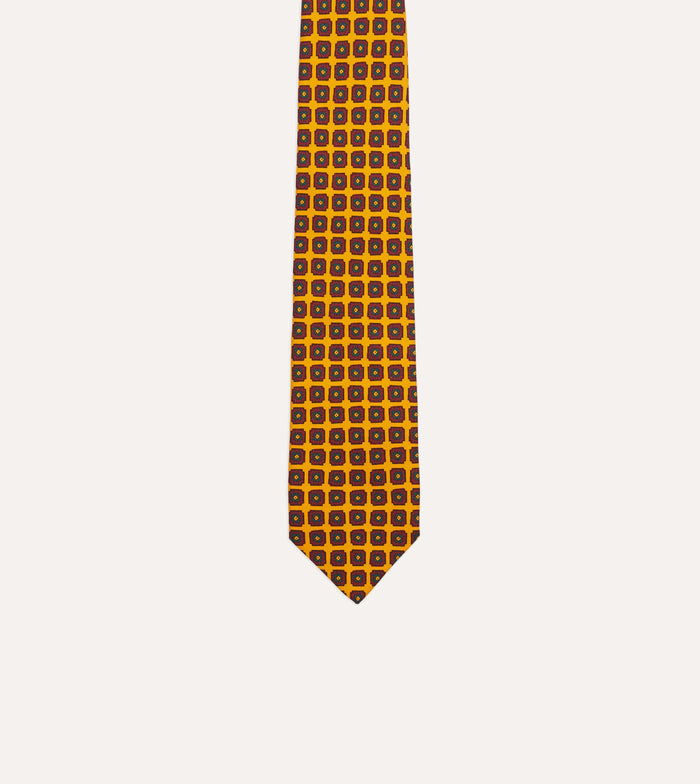 Yellow Geometric Flower Print Silk Self-Tipped Tie