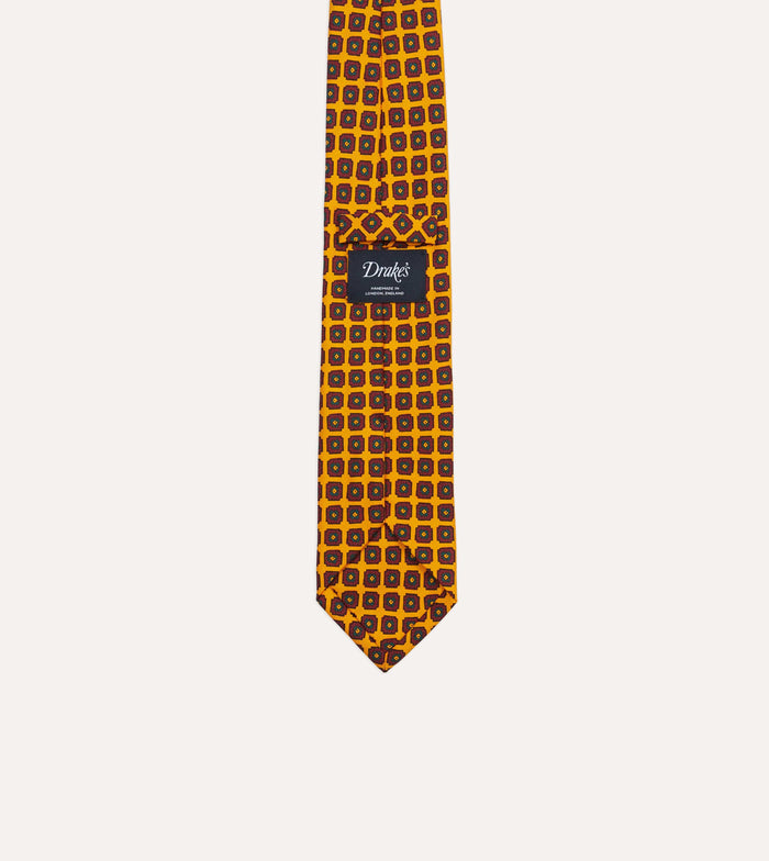 Yellow Geometric Flower Print Silk Self-Tipped Tie