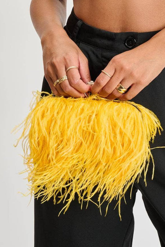 Style the Yellow Harlow Feather Evening Bag exclusively at Born To Glam