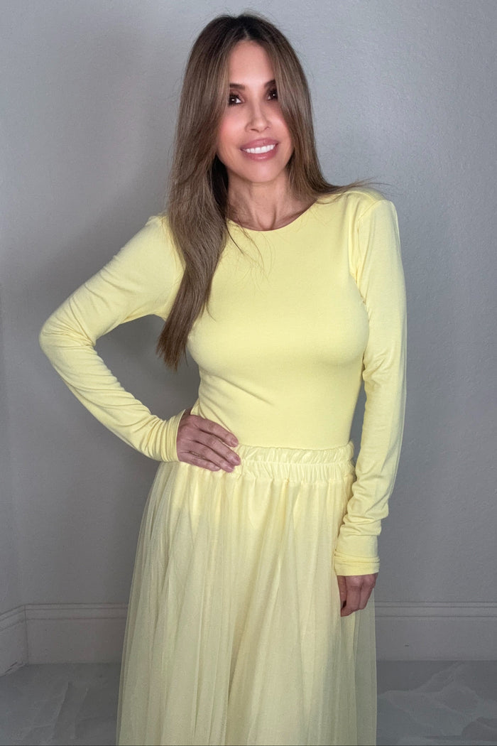 Style the Yellow Open Back Long Sleeve Top exclusively at Born To Glam