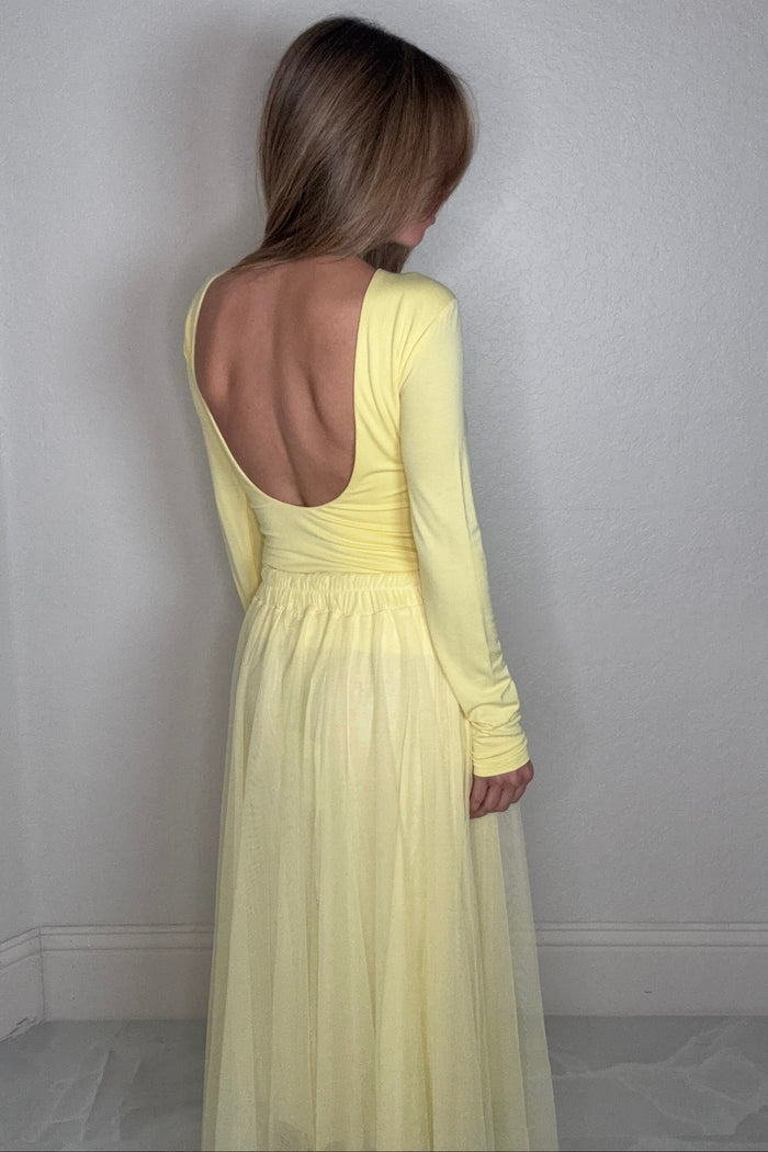 Style the Yellow Open Back Long Sleeve Top exclusively at Born To Glam