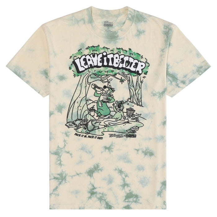 Yogi Bear x Parks Project Pack It Out tee in cream and sage tie-dye featuring a camping scene under trees and the Pack It In Pack It Out slogan.