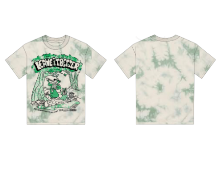 Front and back views of a cream sage tie-dye Yogi Bear Pack It Out tee, with camping graphic on the front and plain back.