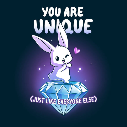 Premium Cotton T-shirt_TeeTurtle navy blue You Are Unique apparel featuring a winking bunny with a heart standing on top of a giant sparkling diamond with the sarcastic caption, “You are Unique (Just Like Everyone Else)“.