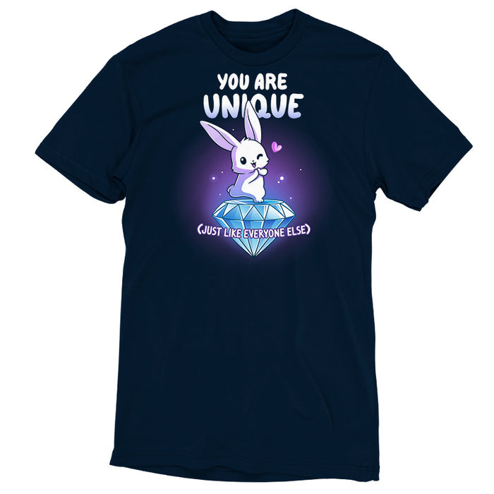 Premium Cotton T-shirt_TeeTurtle navy blue You Are Unique apparel featuring a winking bunny with a heart standing on top of a giant sparkling diamond with the sarcastic caption, “You are Unique (Just Like Everyone Else)“.