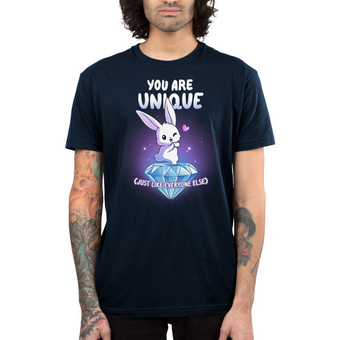 Premium Cotton T-shirt_TeeTurtle navy blue You Are Unique apparel featuring a winking bunny with a heart standing on top of a giant sparkling diamond with the sarcastic caption, “You are Unique (Just Like Everyone Else)“.