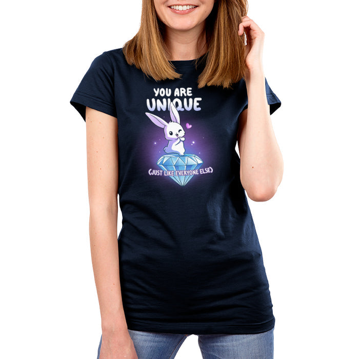 Premium Cotton T-shirt_TeeTurtle navy blue You Are Unique apparel featuring a winking bunny with a heart standing on top of a giant sparkling diamond with the sarcastic caption, “You are Unique (Just Like Everyone Else)“.
