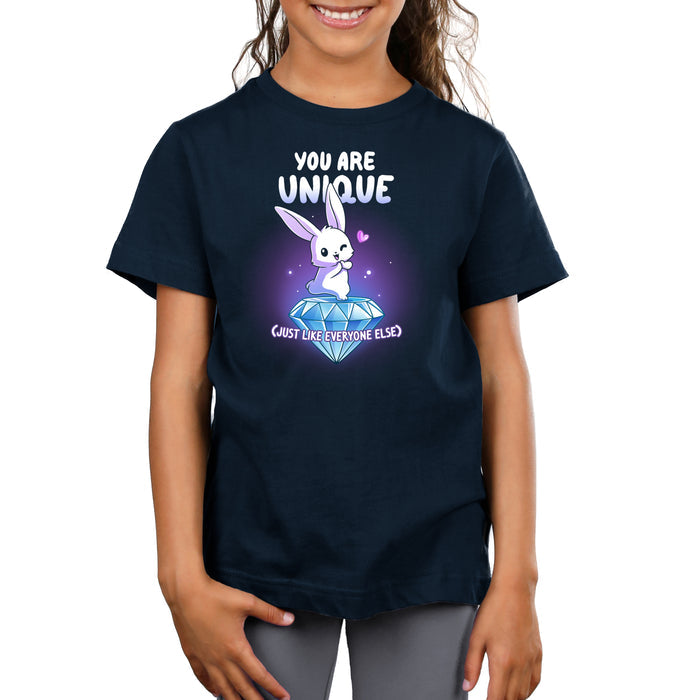 Premium Cotton T-shirt_TeeTurtle navy blue You Are Unique apparel featuring a winking bunny with a heart standing on top of a giant sparkling diamond with the sarcastic caption, “You are Unique (Just Like Everyone Else)“.