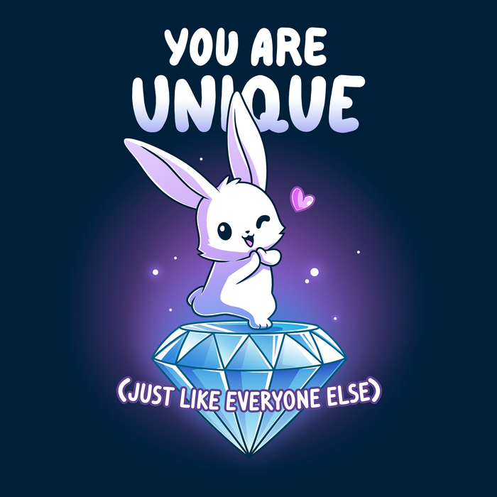 Classic Cotton T-shirt_TeeTurtle navy blue You Are Unique apparel featuring a winking bunny with a heart standing on top of a giant sparkling diamond with the sarcastic caption, “You are Unique (Just Like Everyone Else)“.