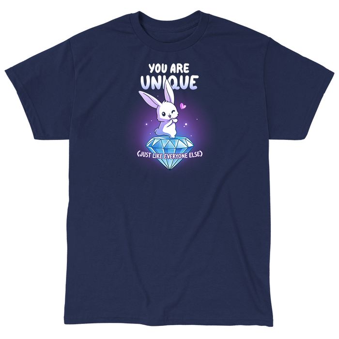 Classic Cotton T-shirt_TeeTurtle navy blue You Are Unique apparel featuring a winking bunny with a heart standing on top of a giant sparkling diamond with the sarcastic caption, “You are Unique (Just Like Everyone Else)“.