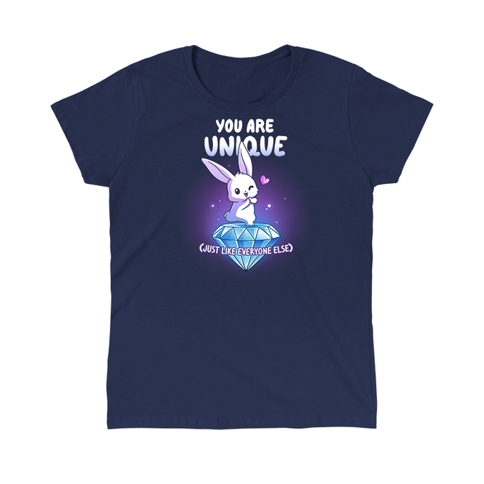 Classic Cotton T-shirt_TeeTurtle navy blue You Are Unique apparel featuring a winking bunny with a heart standing on top of a giant sparkling diamond with the sarcastic caption, “You are Unique (Just Like Everyone Else)“.